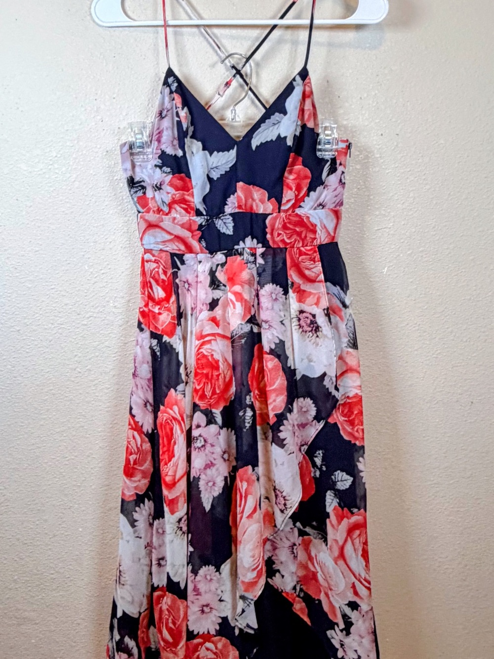 Sequin Hearts Navy Floral Asymmetrical Maxi Dress with Pink and Red Roses
